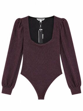 Steve Madden Sparkly Burgundy Square Neck Long-Sleeve Bodysuit
